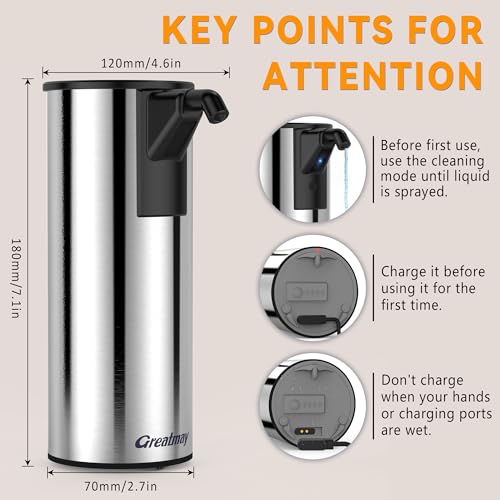 Automatic Soap Dispenser,Stainless Steel Material, Rechargeable Touchless Hand Sanitizer Pump,4 Adjustable Levels Smart Electric Dispenser - color: Silver Steel