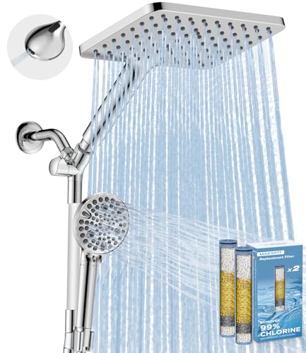 MakeFit Dual Filtered Rain Shower Head Combo, High Pressure Handheld Shower Head with Adjustable Bar - Rainfall Shower Head And Showerhead with Filter for Hard Water - Removes Chlorine - color: Chrome, size: 10 Inch Filtered