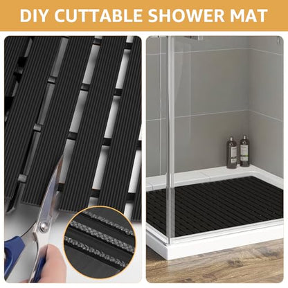 Yolife PVC Large Shower Mat, 35.4 × 24 Inch Non Suction Cup Non Slip Shower Floor Mat, Easy to Cut & Curlable Stand Up Shower Stall Mat, Heavy Duty Bath Shower Mats for Inside Shower - color: Black