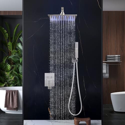 Aolemi Shower Faucet Set with Valve Handheld 16" LED Head Brushed Nickel | Handheld Spray,16 Inch Rain LED Head,Valve and Trim Kit,All Metal,Wall Mount Shower System,Bathroom Mixer - color: Nickel, size: 16 Inch LED Shower Head