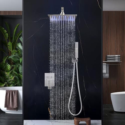 Aolemi Shower Faucet Set with Valve Handheld 16" LED Head Brushed Nickel | Handheld Spray,16 Inch Rain LED Head,Valve and Trim Kit,All Metal,Wall Mount Shower System,Bathroom Mixer - color: Nickel, size: 16 Inch LED Shower Head