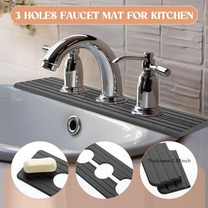 Teenyyou 3 Hole Gray Faucet Mat Kitchen Sink 15.94" x 4.92" | Bathroom Faucet Absorbent Mat,Diatomite Splash Guard,Quick Drying Drip Catcher,Hole 2.36",Holes Spaced About 1.65" - color: Gray, style: 3 Hole