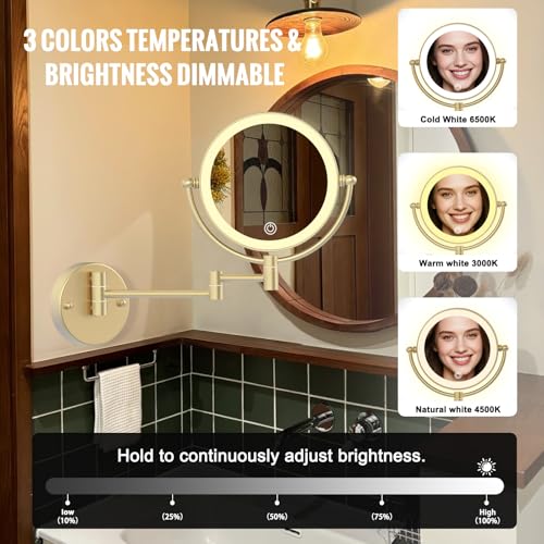 10X Magnifying Make up Mirror Wall Mounted with Light, Satin Brushed Gold | Double-sided Bathroom Close Makeup Vanity, 360 Rotation Swing Arm, Brass, 3 Color Lighting, Touch Dimmable, Rechargeable - color: Satin Brushed Gold