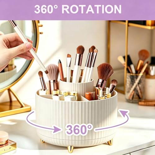 360 Rotating Makeup Brush Holder Organizer, 5-Slot Spinning Cosmetics Cup for Makeup Brushes, Nail Polish & Art Supply, Bathroom Vanity Desktop Caddy, Beige