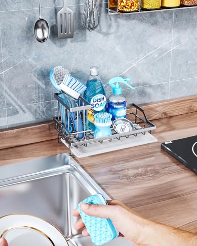 Consumest Sink Caddy, Kitchen Sponge Holder with Dish Brush Holder, Kitchen Sink Organizer with Drip Tray for Countertop Stainless Steel Rustproof, Silver-Large - color: Silver-l