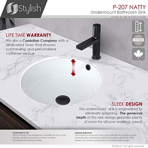 Stylish Round Bathroom Sink 16 x 16 Inch Ceramic Porcelain Undermount Bathroom Sinks Enamel Glaze Finish Smooth and Stain Resistant White Surface with Chrome and Matte Black Overflow, P-207 - style: 16"x16" Chrome & Matte Black Overflows