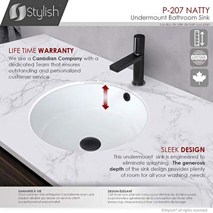 Stylish Round Bathroom Sink 16 x 16 Inch Ceramic Porcelain Undermount Bathroom Sinks Enamel Glaze Finish Smooth and Stain Resistant White Surface with Chrome and Matte Black Overflow, P-207 - style: 16"x16" Chrome & Matte Black Overflows