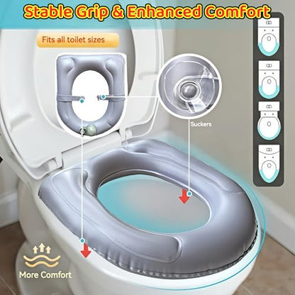 Inflatable Travel Toilet Seat Riser, Portable Toilet Seat Cushion with Suction Cups for Travel, RV, Camping - Comfortable Potty Seat (Light Grey)