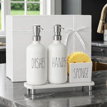 Cisily Housewarming Gifts New Home Basket, Kitchen Soap Dispenser Set Comes with Ceramics Sponge Holder, Silver Stainless Steel Pumps, and Instant Dry Tray, Hand and Dish Soap Dispenser Set - color: Silver + White+gift Box Packaging