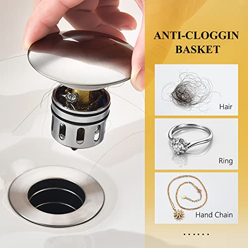 Bathroom Sink Drain Without Overflow - 1 1/2" Drain Opening - Pop Up Vessel Vanity Drain with Anti-Clogging Hair Catcher Basket,Brushed Nickel,Y1383W-BN - color: Brushed Nickel