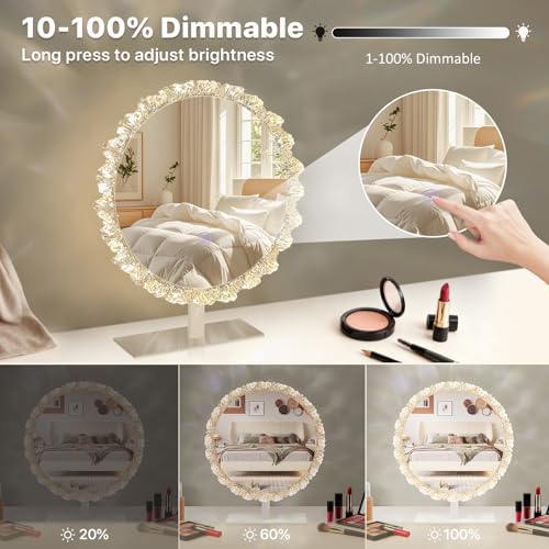 Crystal Vanity Mirror, 11" Silver LED Makeup Mirror, 3CCT Touch | Crystal Vanity Mirror with 2700K/4000K/6500K CCT, 10%-100% Dimming, Touch Control, and Adjustable Angle for Makeup Stations - size: 13.4"L x 11.8"W