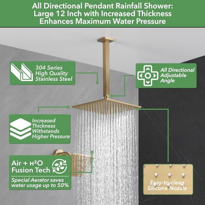 VANFOXLE Shower Faucet Set Brushed Gold Shower System, Push Button Diverter | 12 Inch Ceiling Mount Rain Head Increased Thick, 6 Inch Wall Mount Head, 2-in-1 Handheld Sprayer, Rust Resistant - color: Brushed Gold, style: 12"+6" Head