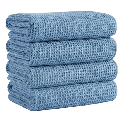 Microfiber Waffle Bath Towels, 4 Pieces, Soft, Absorbent, Fast Drying, Lint Free 430 GSM (27''x55''/68.58 cm x139.7 cm) - color: Blue