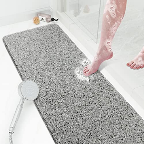 SoftDuo Shower Mat Bathtub Mat Non-Slip Soft Tub Mat | 47x16 inch,PVC Loofah Bath Mat with Drain for Tub and Bathroom,Quick Drying,Grey - color: Grey, size: 47" x 16" (Rectangular)