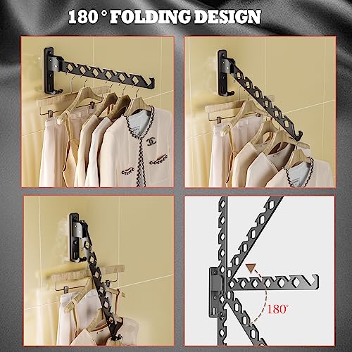Wall Mount Coat Hanger Holder Black Clothes Drying Organizer Rack Garment Hooks Aluminium Retractable Folding Indoor Wall Mounted Hanger Space Saver for Laundry Room Bedroom Black 2 Pack with 8 Hooks - color: Black 2racks with Hooks