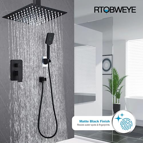 8 Inch Shower Faucet Set Ceiling Mount, High Pressure Rainfall Shower System Square Rain Shower Head with Handheld Spray Combo, Ceiling Luxury Rainfall Shower Fixtures Matte Black (3-Setting) - color: Matte Black, style: 8 Inch-3 Setting