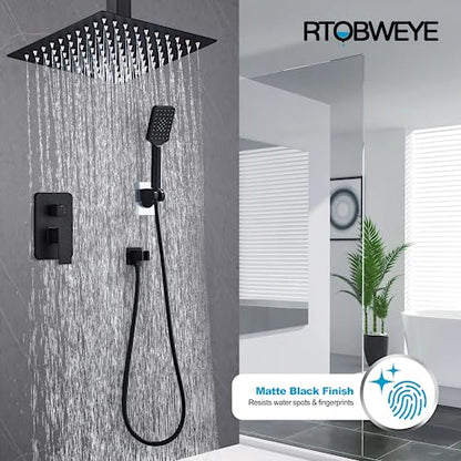 8 Inch Shower Faucet Set Ceiling Mount, High Pressure Rainfall Shower System Square Rain Shower Head with Handheld Spray Combo, Ceiling Luxury Rainfall Shower Fixtures Matte Black (3-Setting) - color: Matte Black, style: 8 Inch-3 Setting