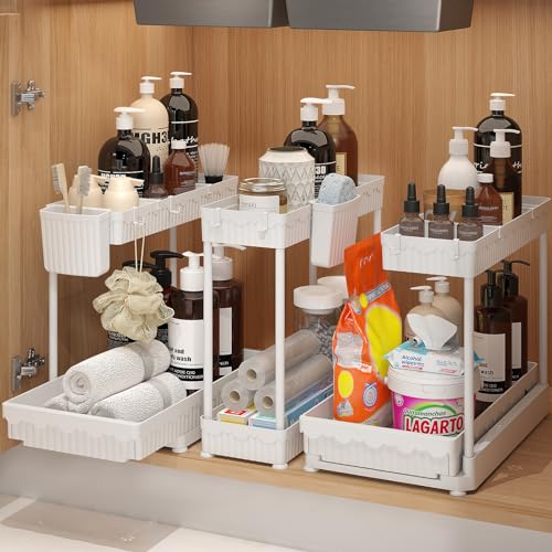 3-Pack 2-Tier L-Shaped Under Sink Organizers with Sliding Drawers | Multi-use kitchen & bathroom storage, 14.85 inch white cabinet organizer, space-saving sliding drawer design. - color: White, size: 14.85 Inch