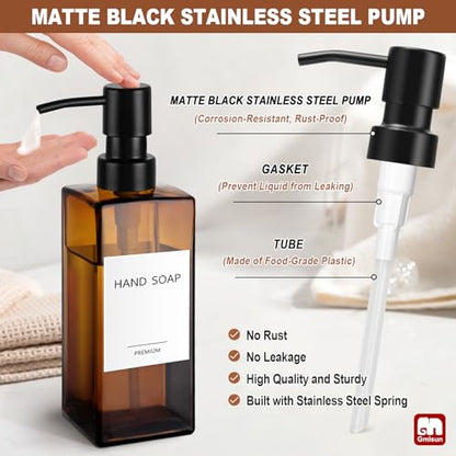 GMISUN Amber Glass Soap Dispenser, 2 Pack Hand Soap Dispenser Bathroom, 12 fl oz/350ml Dish Dispenser Set for Kitchen, Glass Liquid Dispenser with Stainless Steel Pump, Brown Soap Dispensers Bottle - color: Amber Bottle + Black Pump