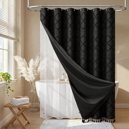 Stall Shower Curtain and Liner Set - 54 x 78 inch Long Boho Shower Curtain and Waterproof Clear Liner, Tufted Geometric Striped Tassel Shower Curtains for Bathroom, 10 Hooks, 54x78, Black - color: Black, size: 54"W x 78"L (Pack of 1)