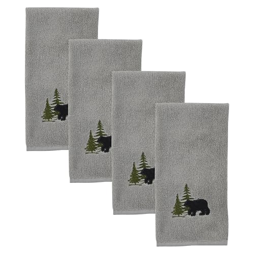 Park Designs Bear Fingertip Towel Set of 4, Gray | 19" x 11" | Cotton Terry | Embroidered Bear Silhouette & Trees | Rustic Lodge Bathroom Decor - color: Bear Fingertip Towel