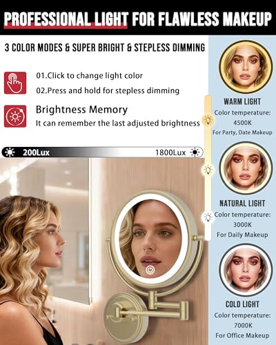 10" Lighted Wall Mount Magnifying Mirror Rechargeable, Satin Brushed Gold | 1X/5X Double-Sided Bathroom Makeup Vanity, 3 Color Lighting Touch Dimmable, 360 Rotation Extended Swing Arm, Brass Frame - color: Satin Brushed Gold