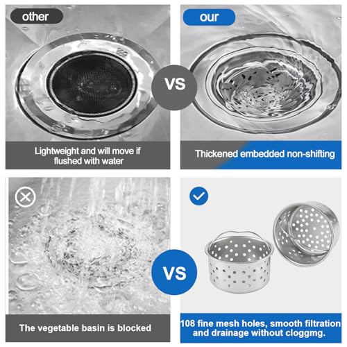 2pcs Kitchen Sink Drain Basket, 3-inch 304 Stainless Steel Drainage Filtration Basket with Handle for Kitchen Sink Strainer Replacement(1.57" Depth)