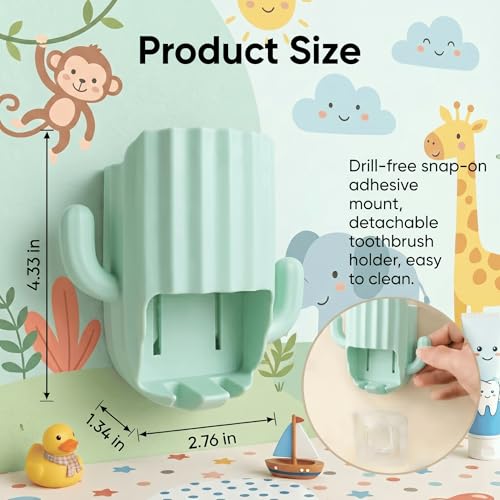 Kids Toothbrush Holder Wall Mount, Cute Cactus (Light Green) | Bathroom Organizer, PP Cactus Holder, Toothbrush Toothpaste Hair Tie Accessories,Multi-Function Organizer - color: Green