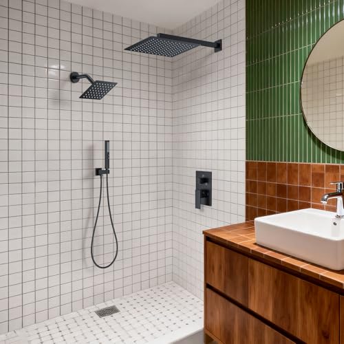 Rain Shower System 12" & 6" Dual Shower Heads, Wall Mount Shower Faucet Set | Ideal for bathroom remodels and upgrades with 12" rain shower, 6" angled shower, handheld spray and complete valve kit. - color: Matte Black, size: Wall Mounted - 12"+6" Shower