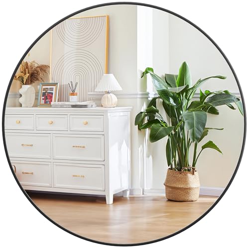 Round Mirror, 32 inch Circle Mirror, HD Eco-Friendly Round Bathroom Mirror for Over Sink, Big Matte Black Metal Framed Wall Mirror for Wall, Vanity, Entryway, Hallway, Living Room, Easy to Install - color: Black, size: 32"L x 32"W