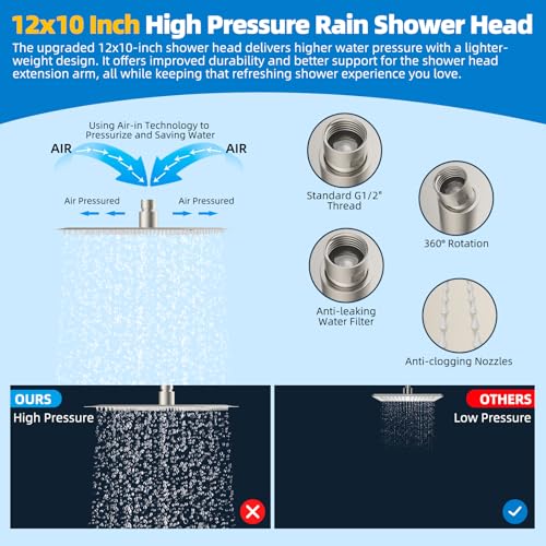 Hibbent All Metal cUPC Certified Shower Head, 12'' High Pressure Rainfall Showerhead Combo, Handheld Shower Wand, 12'' Adjustable Extension Arm, 4-Spray, 71'' Hose, Shower Holder, Brushed Nickel - color: Brushed Nickel, style: Square 12''