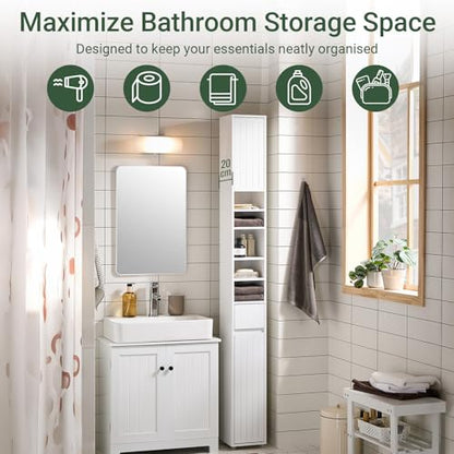 SoBuy Tall Narrow Storage Cabinet, Skinny Bathroom Cabinet with Adjustable Shelves Slender, Anti-Tipping Floor Standing Cupboard, Pinstripe White BZR160-W | BZR160-W Bathroom Cabinet with Doors, Drawer and Adjustable Shelves, Standing Bathroom Shelf, Whit