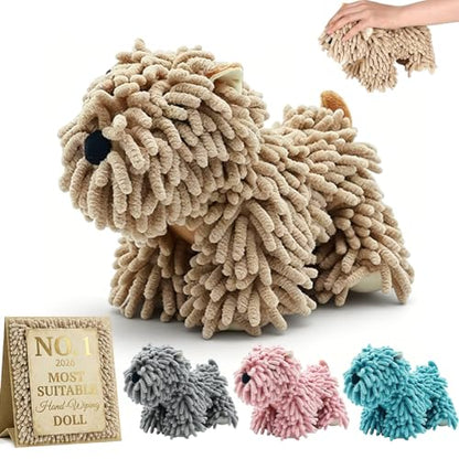 Dog Towel Shaped Hand Chenille Animal Towels for Bathroom Microfiber Puppy Bath Kids Drying Plush Stuffed Paw Absorbent Hands Puppy-Shaped Cute Kitchen Fuzzy Ball Soft Puppy-Themed Shape (Khaki) - color: Khaki