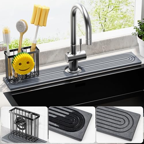 Cisily Diatomite Faucet Mat for Kitchen Sink Protectors with Dish Brush Holder-Absorbent Drying Counter Stone Water Splash Guard Area, Behind Kitchen Sink Caddy Organizers Decor Accessories Organizer - color: Gray