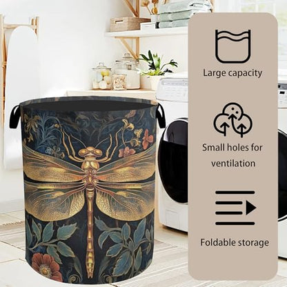 Retro Dragonfly Foldable Laundry Hamper - Waterproof Fabric Storage Basket with Handles, Clothes Hampers for Laundry,Bedroom,Dorm - color: Retro Dragonfly
