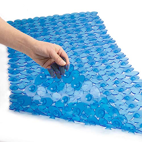 WELTRXE Non Slip Bathtub Mat, 35 x 16 Inches Bathroom Pebbles Shower Mat with Suction Cups, Drain Holes, Suction Bath Mats for Tub Machine Washable - Clear Blue - color: Pebbles-clear Blue, size: 35" x 16" (Rectangular)