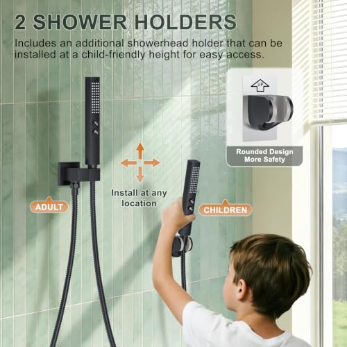 Rain Shower System with Rough-in Valve, Wall Mount Shower Faucet Set with 12" & 6" Dual Rain Shower Heads, 2-in-1 Handheld Shower, Tub Spout, 4-Function Complete Shower Fixture, Matte Black - color: Matte Black, size: Wall Mount-12"+6" head with Tub Spout