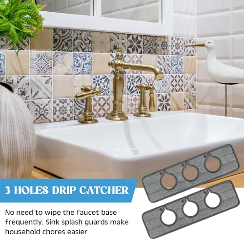 Teenyyou 2 Pcs Faucet Mat for Kitchen Sink Splash Guard for Kitchen Sink Faucet Dish Drying Mat for Bathroom Sponge Holder(Dark Gray,3 Round Holes) - color: Dark Gray