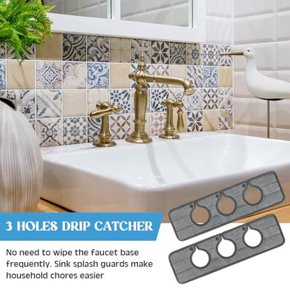Teenyyou 2 Pcs Faucet Mat for Kitchen Sink Splash Guard for Kitchen Sink Faucet Dish Drying Mat for Bathroom Sponge Holder(Dark Gray,3 Round Holes) - color: Dark Gray