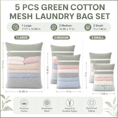Green 5-piece set in bags, durable cotton mesh laundry bags, sturdy zipper, breathable mesh, delicate laundry bags, suitable for underwear, clothes, pants, and socks - color: Green