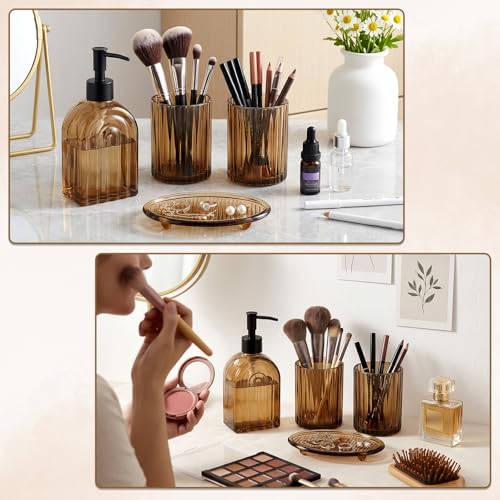 Topsky 4 Pcs Glass Bathroom Accessories Set,13oz Liquid Arch Design Hand Soap Dispenser with Stripe Toothbrush Holder,Mouthwash Cup,Soap Dish for Bathroom Countertop,Heavy Weight,Amber