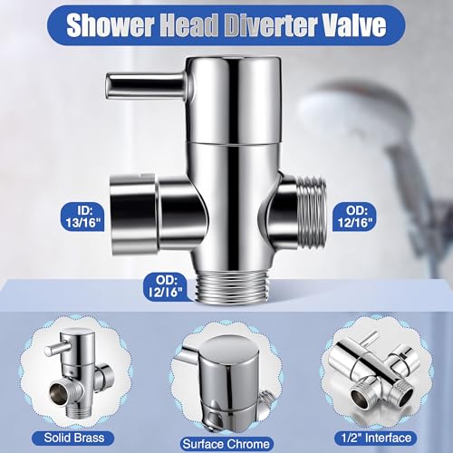Dreyoo 3 Way Shower Head Splitter Kit, Brass G1/2 Diverter Valve with 79 Inch Stainless Steel Hose, Universal Shower Diverter for Dual Heads, Includes PTFE Tape - size: 79 in
