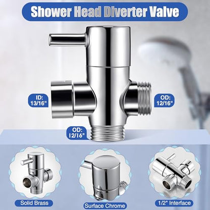 Dreyoo 3 Way Shower Head Splitter Kit, Brass G1/2 Diverter Valve with 118 Inch Stainless Steel Hose, Universal Shower Diverter for Dual Heads, Includes PTFE Tape - size: 118 in