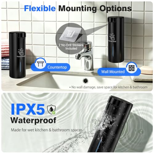 Touchless Automatic Liquid Soap Dispenser, Stainless Steel, Rechargeable | 4 Levels Adjustable, No Clog,13.5oz Capacity,IPX5 Waterproof, Wall Mount, For Hand & Dish Soap, Bathroom Kitchen Hotel Use - color: Black