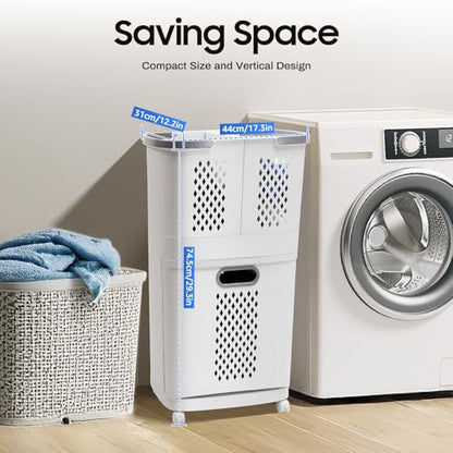 2-Layer Rolling Laundry Hamper with Detachable Baskets, Slim Space-Saving Laundry Sorter with 4 Wheels for Small Bathrooms, Dorms & Bedrooms, Laundry Room (Grey/White)