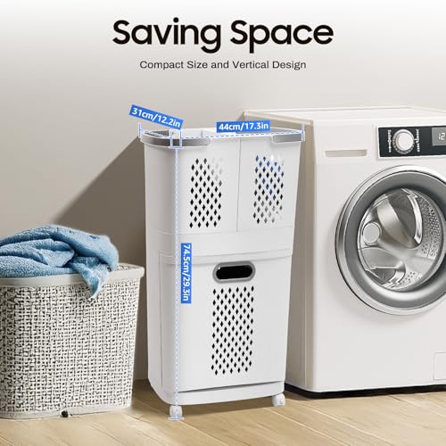 Rolling Laundry Hamper with Wheels, Grey Plastic Laundry Basket | Removable Dirty Clothes Basket with Handles Portable Rolling Clothes Hamper for Dorm, Laundry Room, Bathrooms, Kitchens