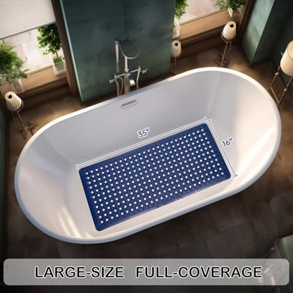 Non-Slip Bathtub and Shower Mats, Power Grip Bath Mat 35 x 16.3 Inch with Suction Cups and Drain Holes for Tub Bathroom Floor Safety, Machine Washable Soft Bathmat, Navy Blue - color: Navy Blue