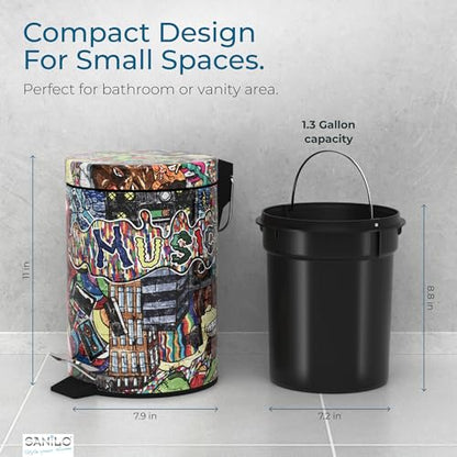 Sanilo Small Bathroom Trash Can with Lid [1.3 Gallon] - Lidded Tiny Trashcan for Garbage - Mini Metal Bin with Soft Closing Mechanism - Bath Room Accessoire Wastebin with Inner Bucket (Graffiti) - color: Graffiti