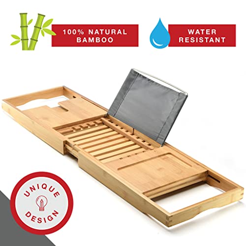 Luxury Foldable Bathtub Tray Caddy - Waterproof Wood Bath Tray for Tub, Expandable Size Fits Most Tubs, Bathroom Accessories for New Home & Mothers, Birthday Gifts for Mom