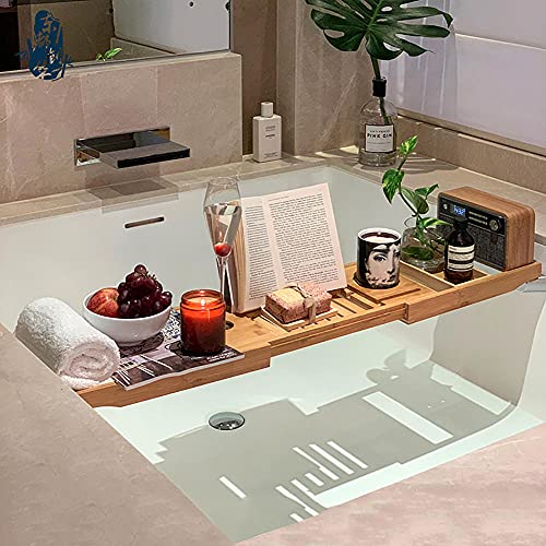 Bathtub Caddy Tray, Bamboo Bathtub Tray, Bathtub Caddy, Expandable Bathtub Caddy Tray, Durable and Non-Slip Bathtub Trays with Free Soap Holder